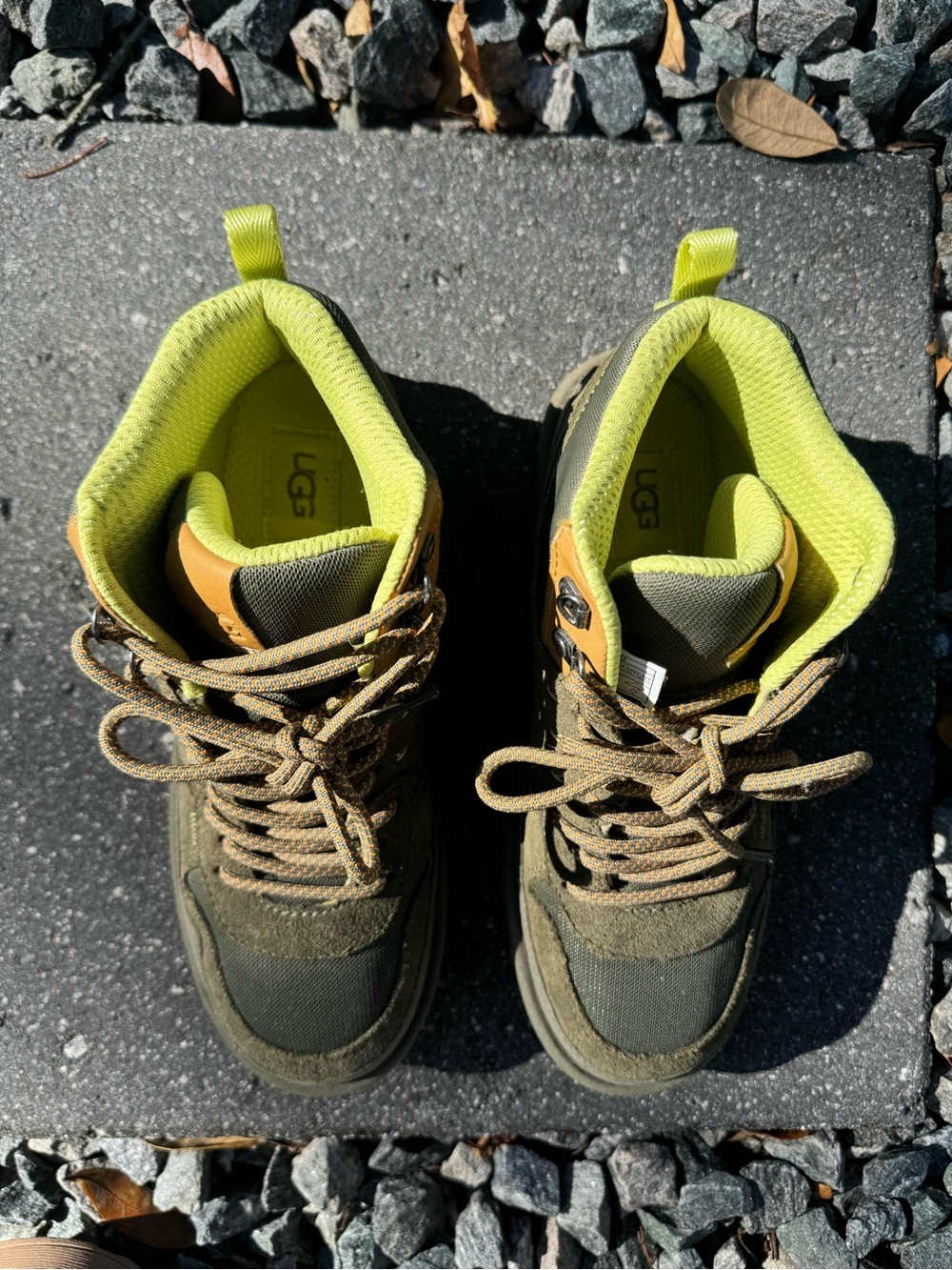 UGG Olive Suede and Neon Yellow Accent Lace-Up high top sneaker - Picture 3 of 6